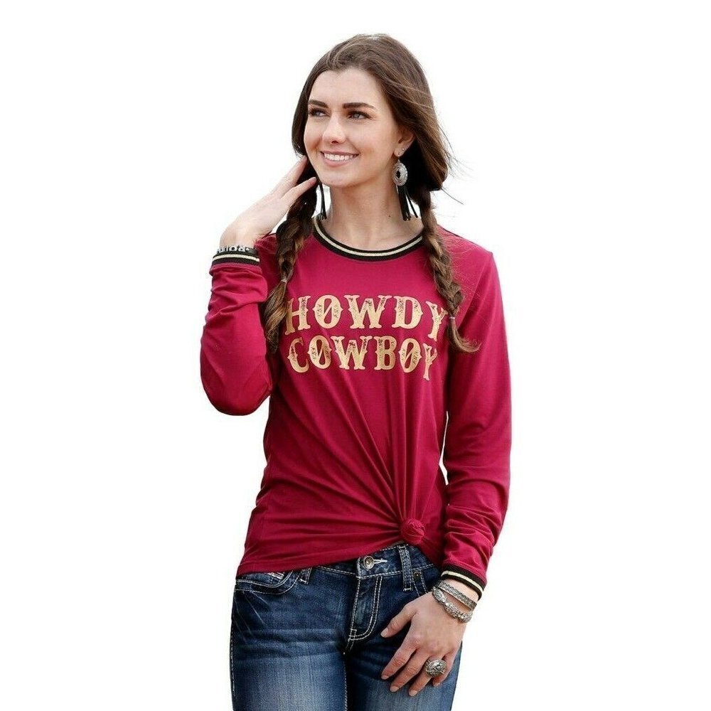 Cruel Denim Women's Long Sleeve Graphic Howdy Cowboy Western Ringer Tee Burgundy